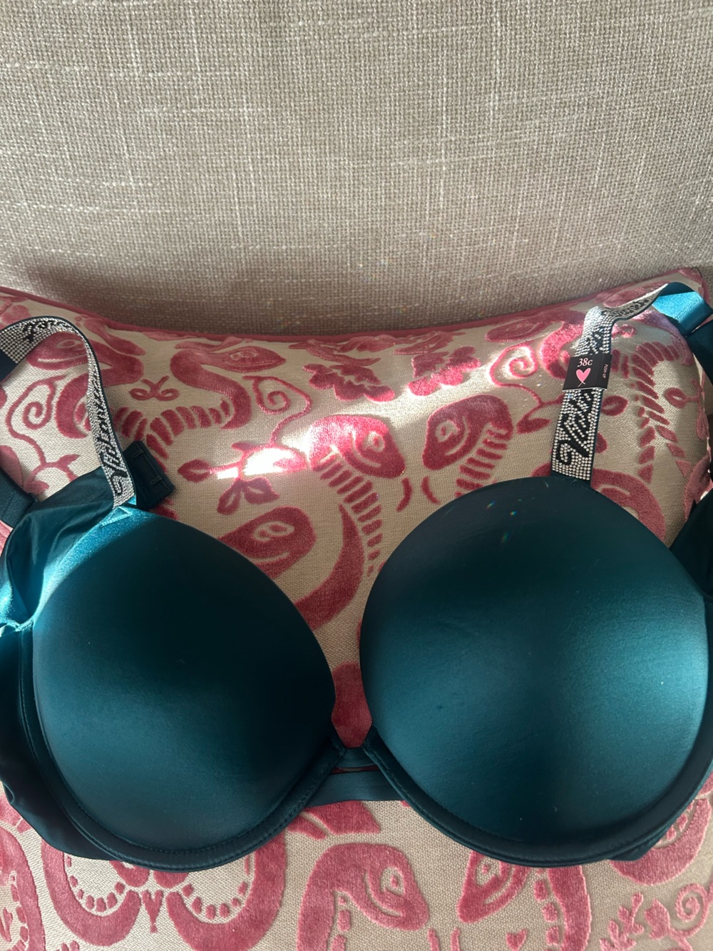 Women's Teal Bra with Rhinestone Straps 38C